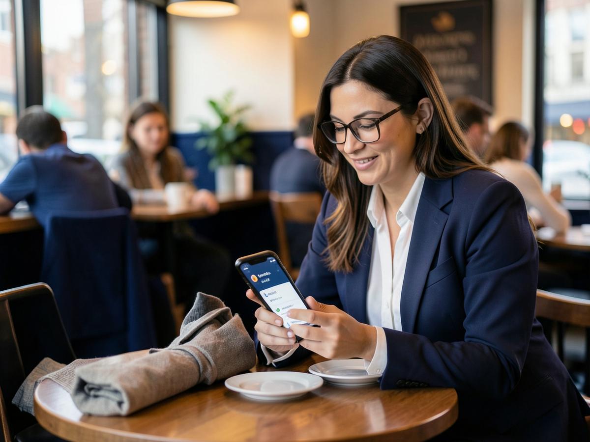 Customer reading online reviews on a phone before choosing a business